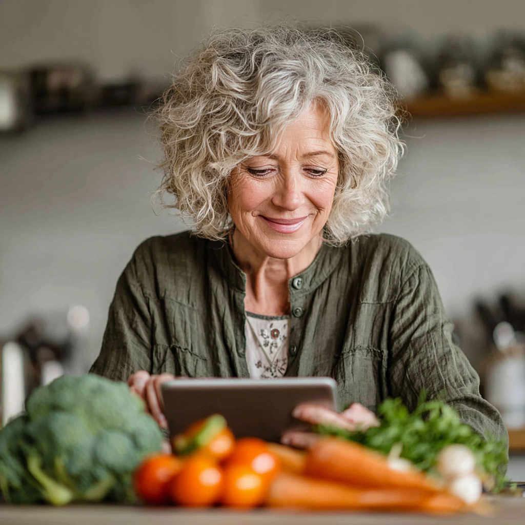 Жінка 60 років читає інформацію про здорове харчування на планшеті у світлій кухні