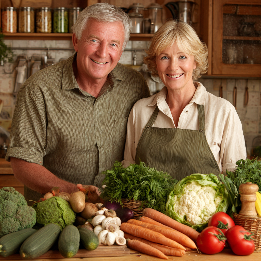 Пара у віці 52-57 років разом готує здорову їжу та посміхається
